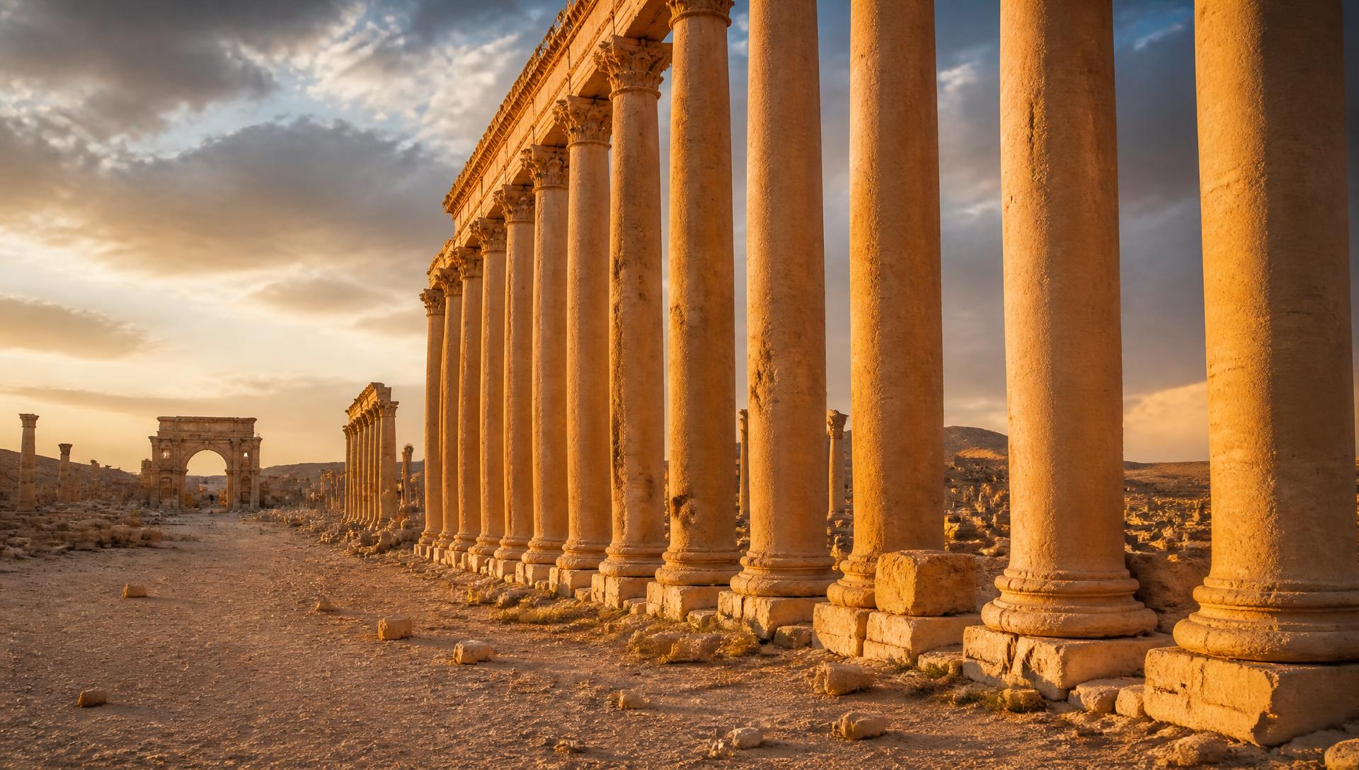 The Roman colonnade of Palmyra at golden hour